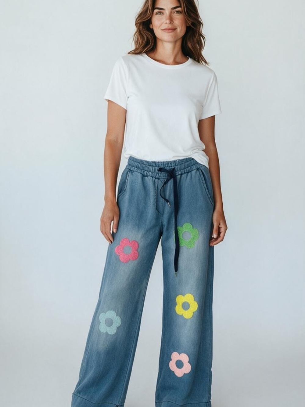 Women's Blue Wide-Leg Jeans with Colorful Flower Appliqués